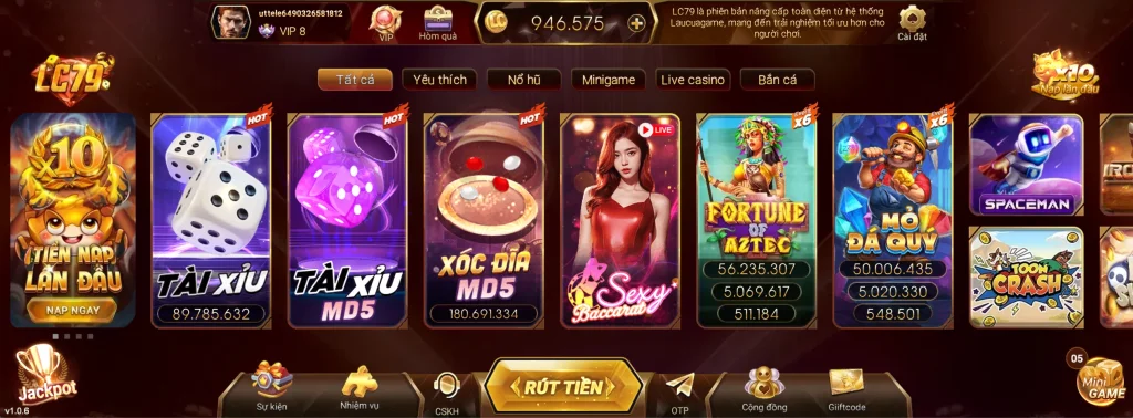 Giao diện sảnh chính game đổi thưởng LC79 – hiển thị slot nổ hũ, tài xỉu, xóc đĩa và các game hot
